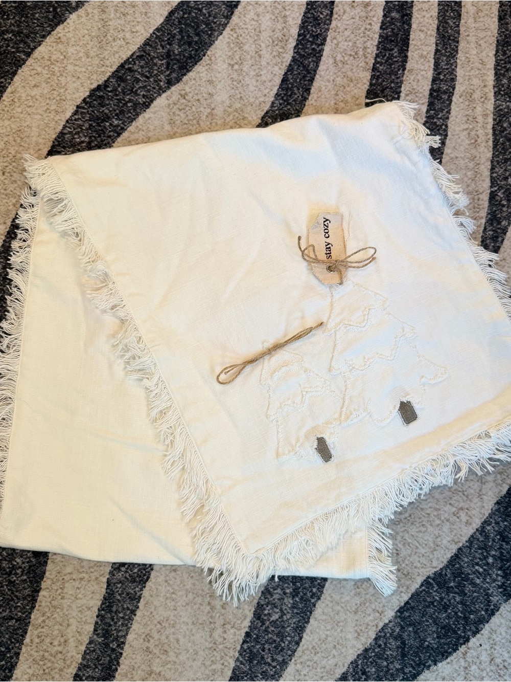 NEW CREATIVE CO-OP cotton table runner with Christmas tree and fringe nwot 69 in